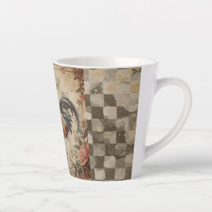Tasse Latte Superbe Coq Vintage , Motif Fleurs, Fond à Carreau