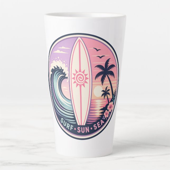 Tasse Latte Surf • Soleil • Badge de vague tropicale rétro de  (Devant)