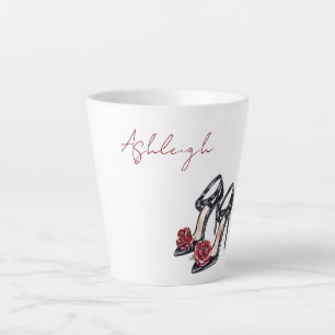 Tasse Latte Talons Hauts Fleur Rose Noir et Rouge