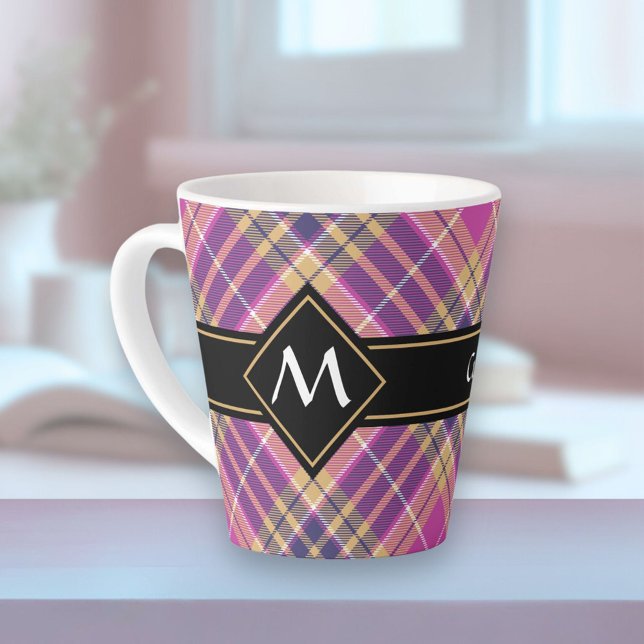 Tasse Latte Tartan rose, or et bleu (Créateur téléchargé)