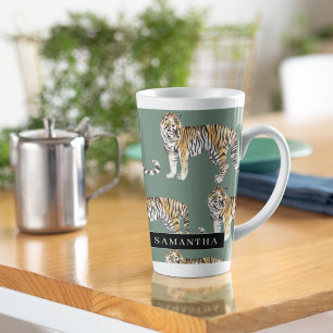 Tasse Latte Tigres d'aquarelle verte tropicale Motif avec nom