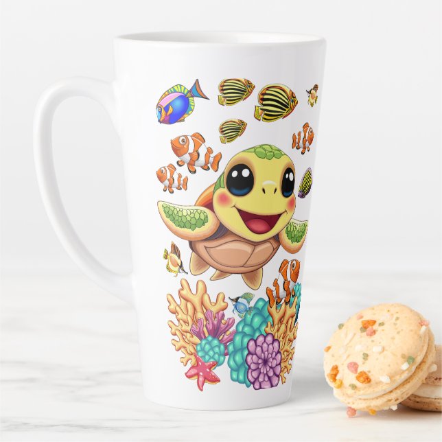 Tasse Latte Tortue de mer Bébé heureux et mignonne personnage (En situation)