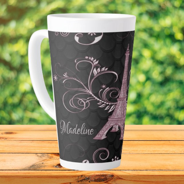 Tasse Latte Tour Eiffel Flore Rose (Pink Eiffel Tower Floral Swirls Latte Mug)