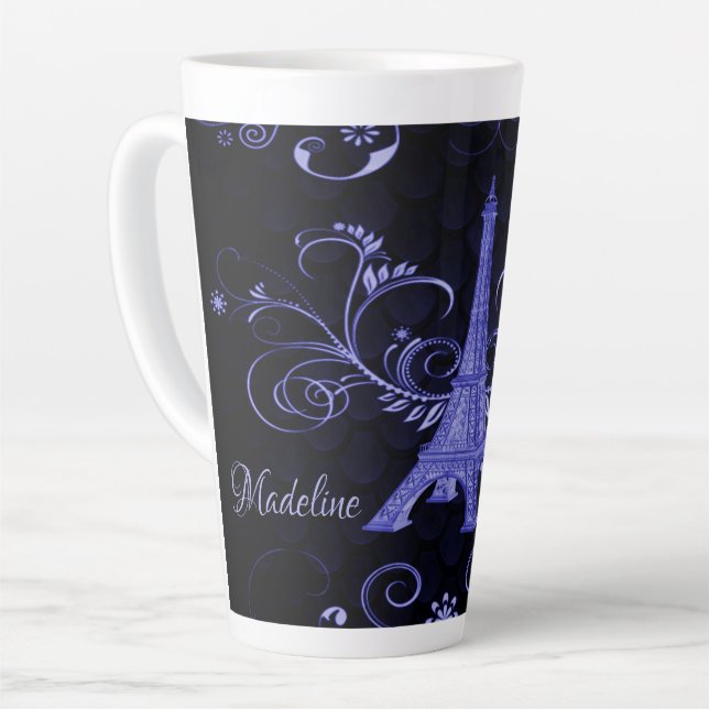 Tasse Latte Tour Eiffel Tourbillons floraux violets (Angle gauche)