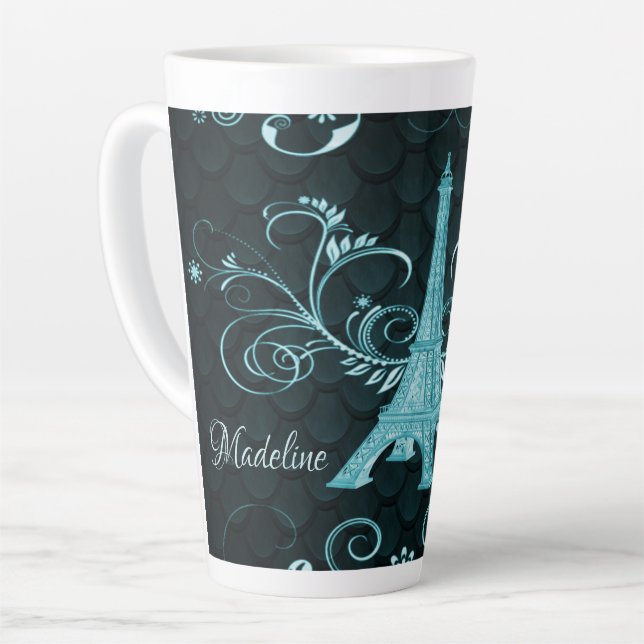 Tasse Latte Tour Eiffel Turquoise Floral (Angle gauche)