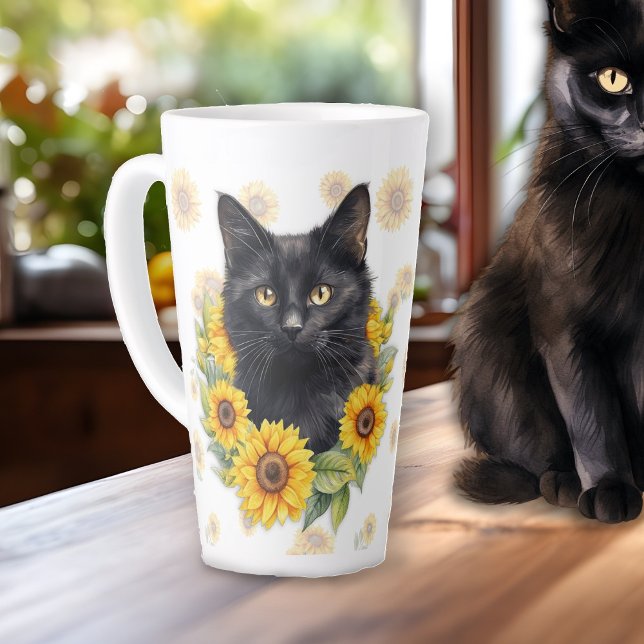 Tasse Latte Tournesols Chat Noir Affirmation (Créateur téléchargé)