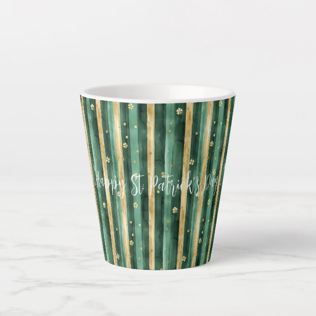 Tasse Latte Trèfle Vert Or Rayures de la Saint-Patrick (Devant)