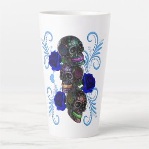 Tasse Latte Triple Jour Noir Des Crânes Morts Roses Bleus