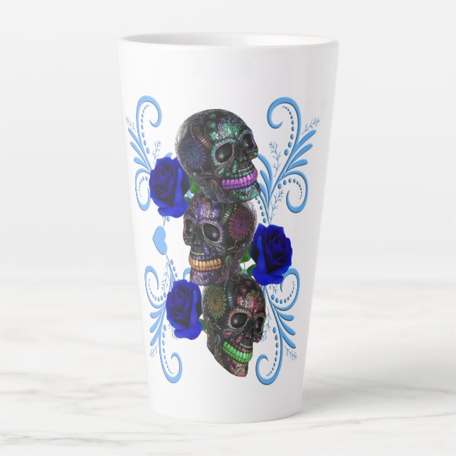 Tasse Latte Triple Jour Noir Des Crânes Morts Roses Bleus (Devant)