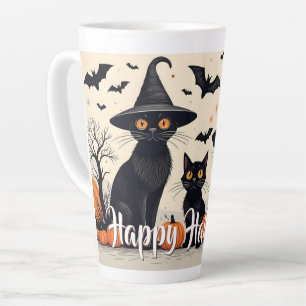 Tasse Latte Trois chats noirs avec des chapeaux à Halloween