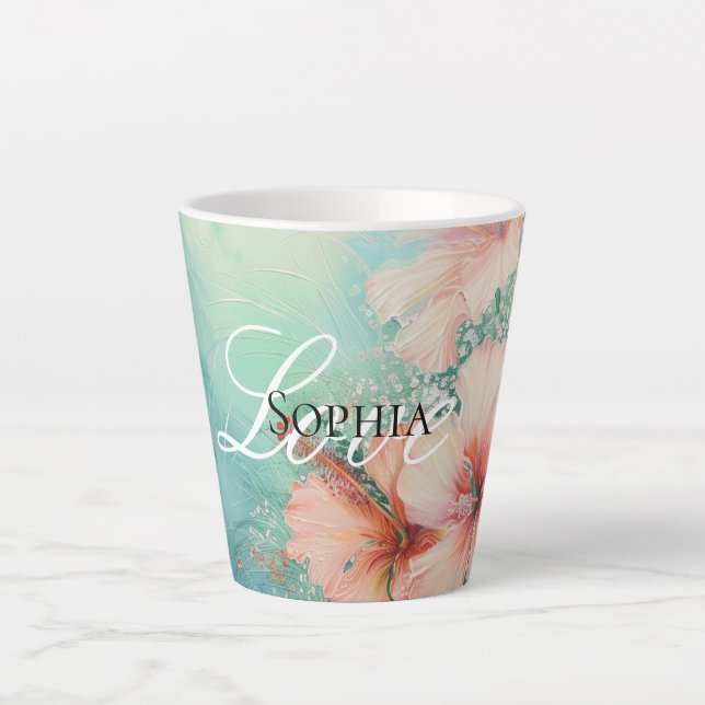 Tasse Latte Tropical Peach Blanc Hibiscus Floral Amour  (Devant)