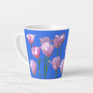 Tasse Latte Tulipes Roses Ensoleillées Poussière. Bleu Latte M