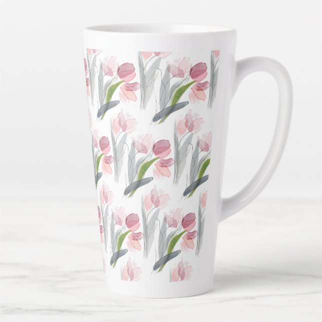 Tasse Latte Tulipes Roses Rouges Sage Vert Gris Feuille Blanc (Droite)