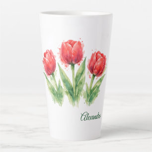 Tasse Latte Tulipes rouges aquarelles personnalisées