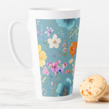 Turquoise Aquarelle Fleurs Latte Coffee Cup