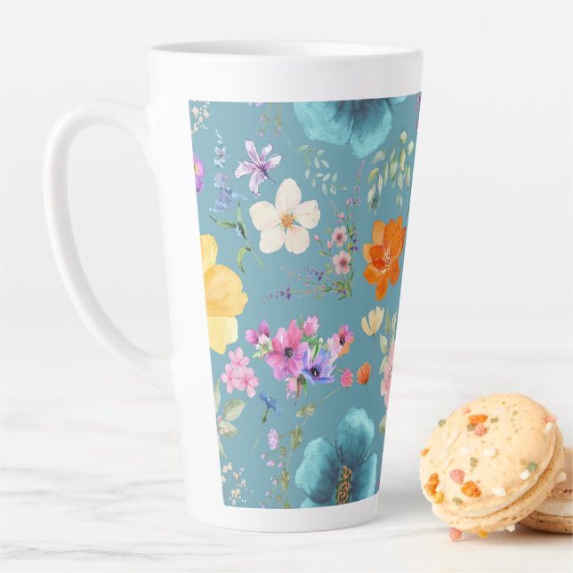 Tasse Latte Turquoise Aquarelle Fleurs Latte Coffee Cup (En situation)