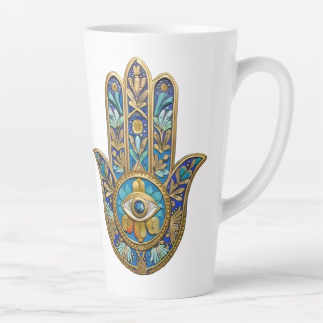 Tasse Latte Turquoise Bleu Or Hamsa Saphir Troisième Œil  (Droite)