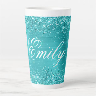 Tasse Latte Turquoise Bleu Pailleté Personnalisé