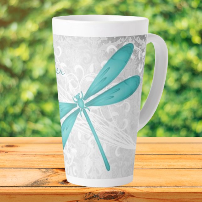 Tasse Latte Turquoise libellule latte personnalisée (Teal Dragonfly Personalized Latte Mug)