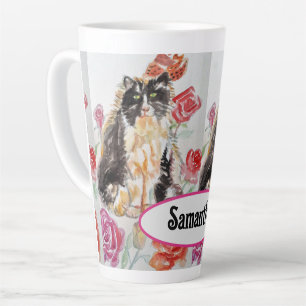 Tasse Latte Tuxedo Chat Cute Rose Fleurs Chats Aquarelle Rose