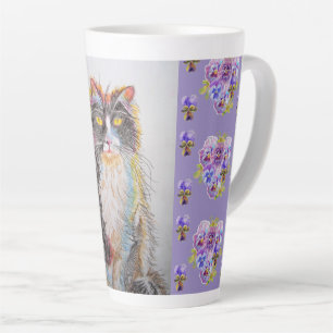 Tasse Latte Tuxedo Painé À La Main Tuxedo Chat Floral Latte 