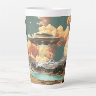 Tasse Latte UFO Surréaliste au-Dessus d'un Lac de Montagne ave