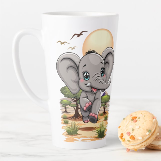 Tasse Latte Un bébé éléphant qui sonne heureux dans la savane  (En situation)