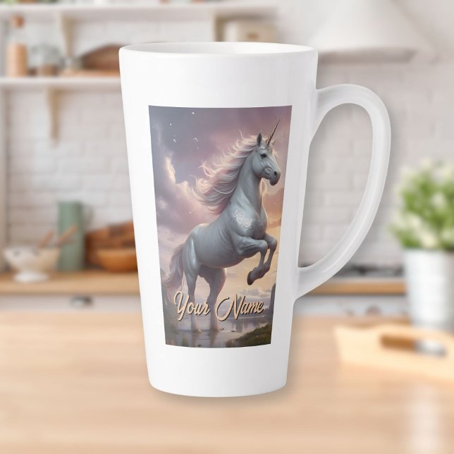 Tasse Latte Unicorne blanche Mystique personnalisée (Personalized Mystic White Unicorn Latte Mug)