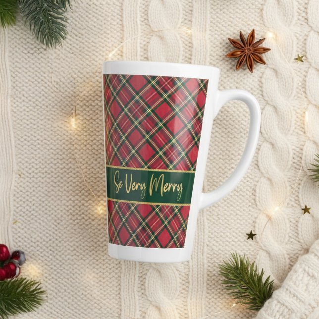 Tasse Latte Vacances Tartan Rouge Plaid Or Si Joyeux (Holiday Tartan Red Plaid Gold So Very Merry Latte Mug)