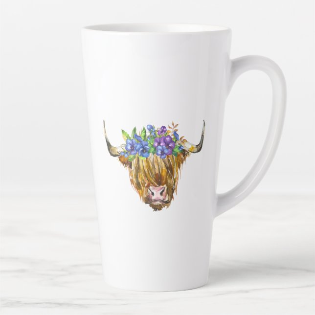 Tasse Latte Vache écossaise avec fleurs Aquarelle (Droite)