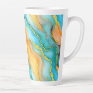 Tasse Latte Vagues océaniques dans un motif sarcelle et jaune-