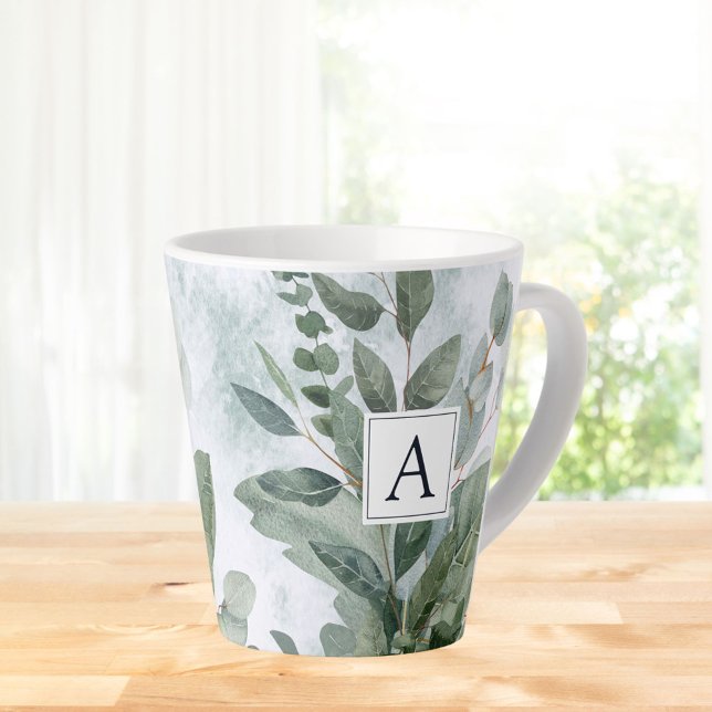 Tasse Latte Végétal rustique aquarelle avec monogramme de saug (In situ Kitchen table)