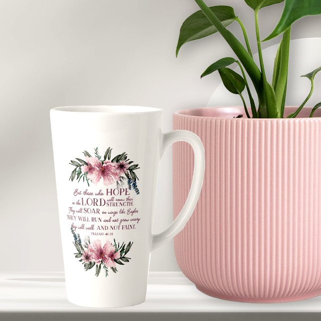 Tasse Latte Verset de la Bible chrétienne Isaïe 40 Fleurs rose (Créateur téléchargé)