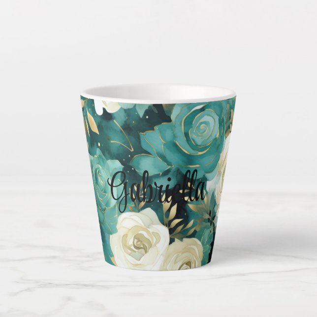 Tasse Latte Vert blanc or Rose Floral (Devant)