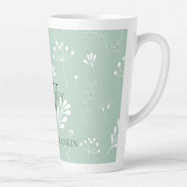 Tasse Latte Vert personnalisé avec fleurs blanches (Droite)