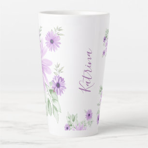 Tasse Latte Vert violet personnalisé, Fleurs aquarelles