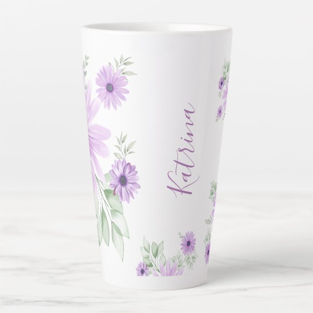 Tasse Latte Vert violet personnalisé, Fleurs aquarelles (Devant)