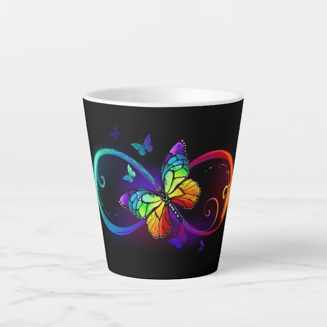 Tasse Latte Vibrant infinity with rainbow butterfly on black (Devant)