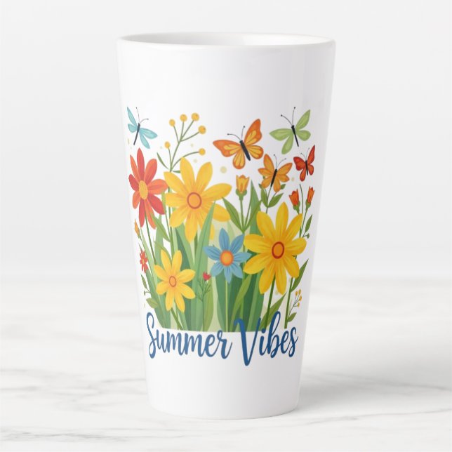 Tasse Latte Vibrations d'été Floral avec Papillons (Devant)