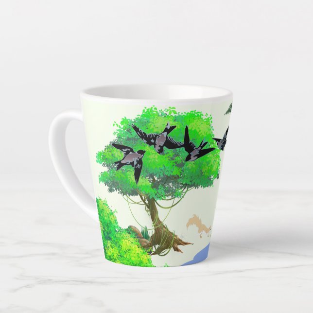 Tasse Latte Vie forestière printanière avec oiseaux et écureui (Angle gauche)