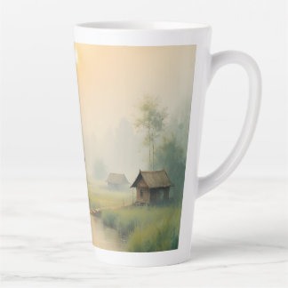 Tasse Latte Vietnamese Morning Mist Village Watercolor Art