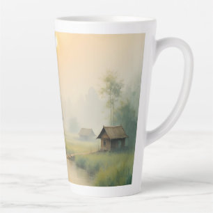 Tasse Latte Village vietnamien sous la brume matinale - Art à