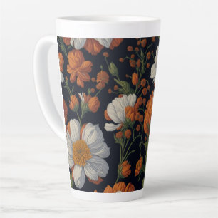 Tasse Latte Vintage Orange blanc élégant fleurs rétro
