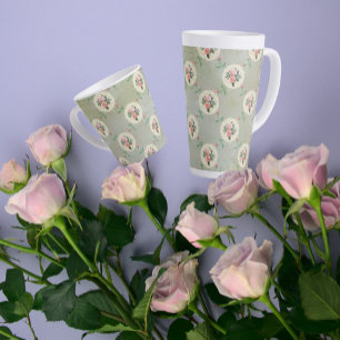 Tasse Latte Vintage Rose Doiliers Faded Smoky Green Damask
