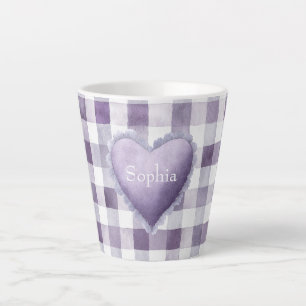 Tasse Latte Violet Blanc Carreaux Rayures Coeur Nom Féminin