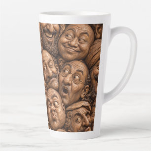 Tasse Latte Visages en Bois Sculpté Motif Bohème Vintage