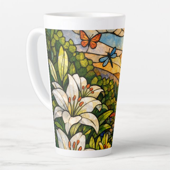 Tasse Latte Vitraux Lys Papillons Soleil (Angle gauche)