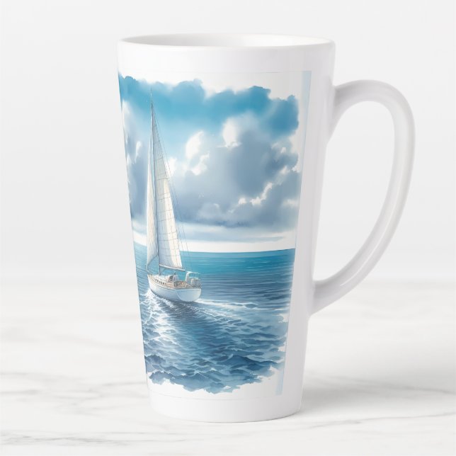Tasse Latte Voilier Solitaire à l'Horizon Bleu (Droite)