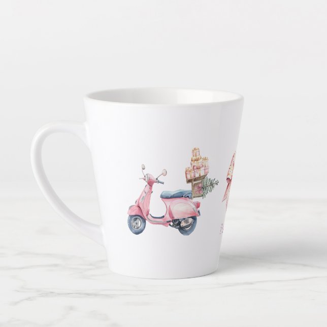 Tasse Latte Voyage de courses de Noël en scooter rose  (Gauche)