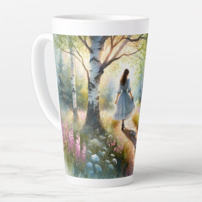 Tasse Latte Whimsical Girl Dancing Through Birch Forest (Angle gauche)